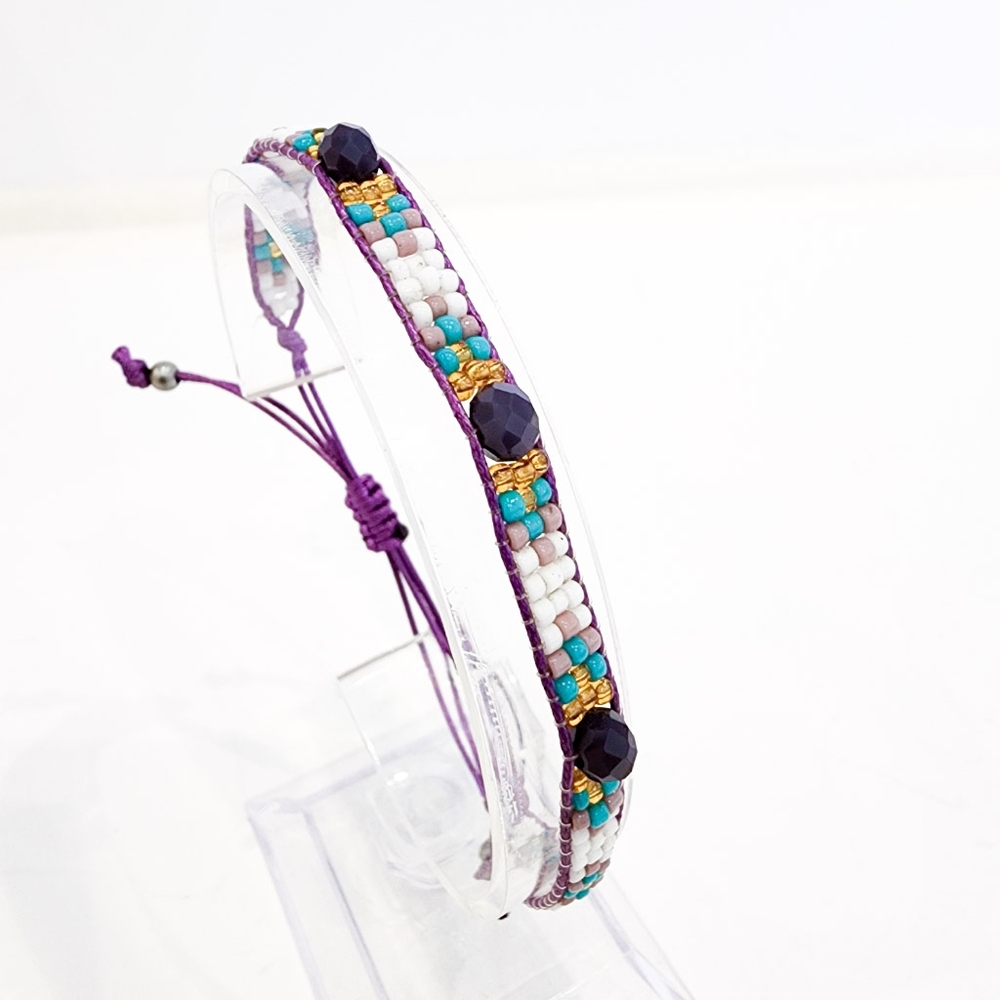 Boho dainty bead bracelet artisan made adjustable length blue turquoise lavender